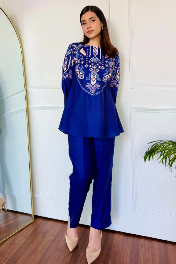 Royal Blue Silk Peplum Kurta and Straight Pant Set with Geometric Digital Print