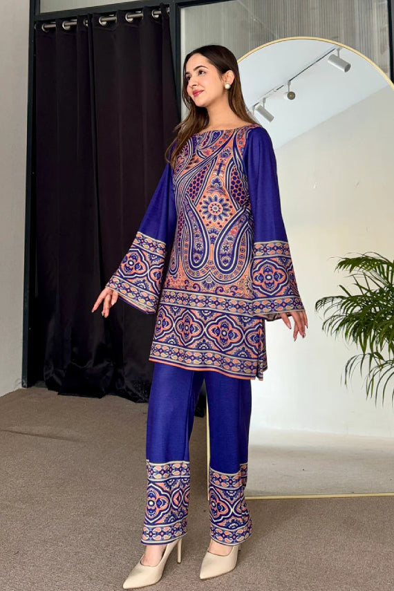 Royal Blue Silk Kurta Pant Set with Paisley Digital Print and Flared Sleeves
