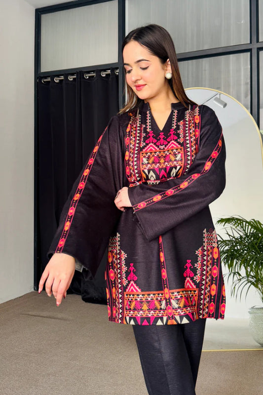 Black Cotton Kurti Set, Hot Pink and Orange Geometric Print with Bell Sleeves