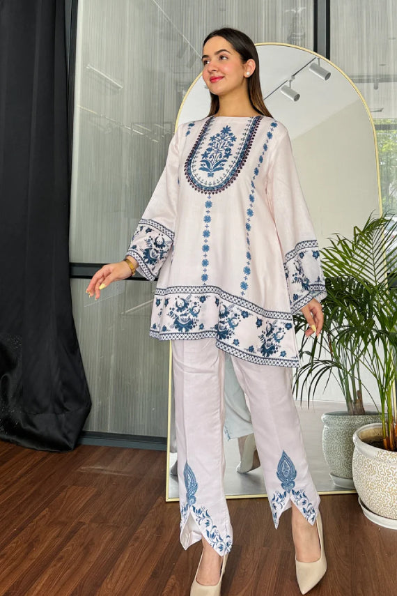 Ivory Blue Hand-Block Inspired Cotton Kurta Pant Set