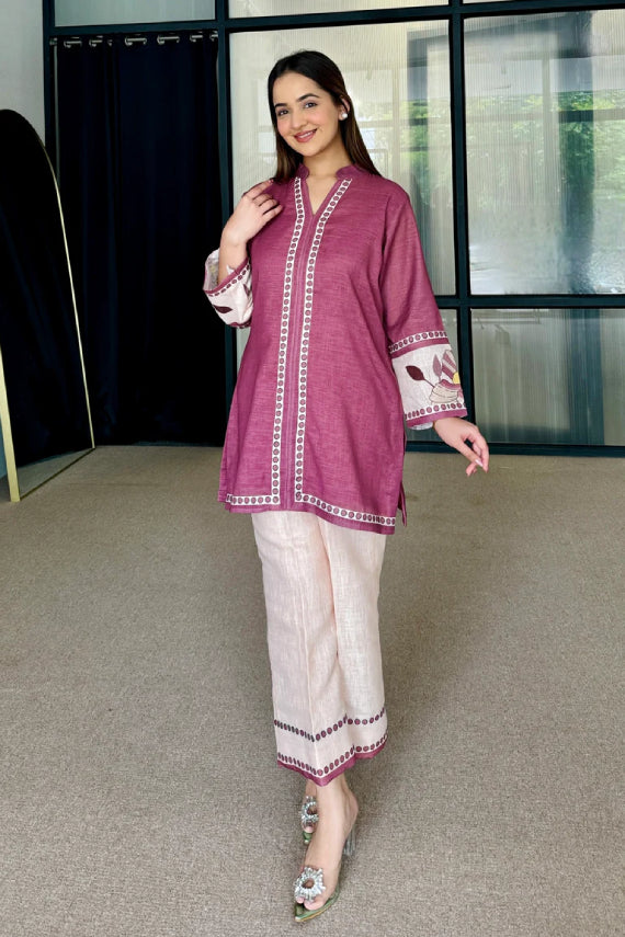 Wine Mauve Artisan Print Cotton Kurta Pant Set