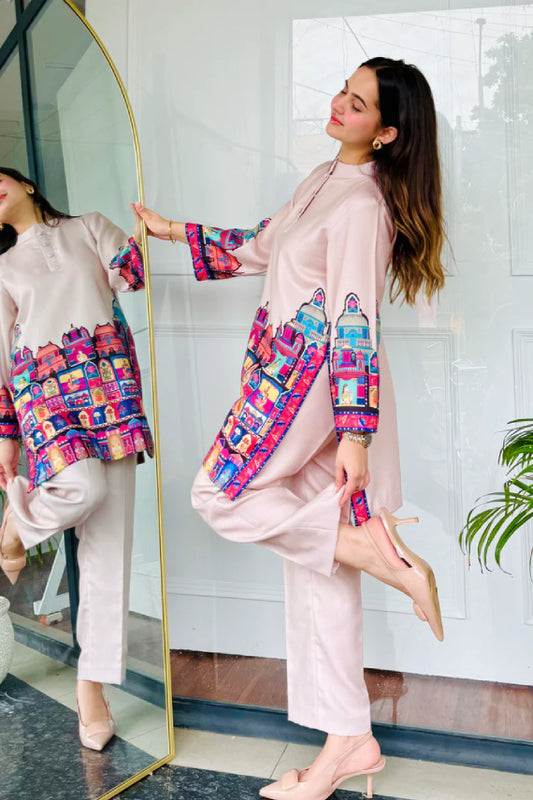 Blush Pink Cotton Kurta Pant Set with Heritage Architecture Digital Print