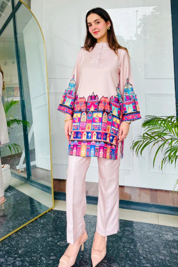 Blush Pink Cotton Kurta Pant Set with Heritage Architecture Digital Print
