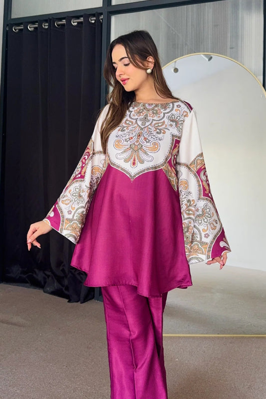 Rani Pink and Off White Printed Cotton Kurta Set with Intricate Traditional Motifs and Flared Sleeves