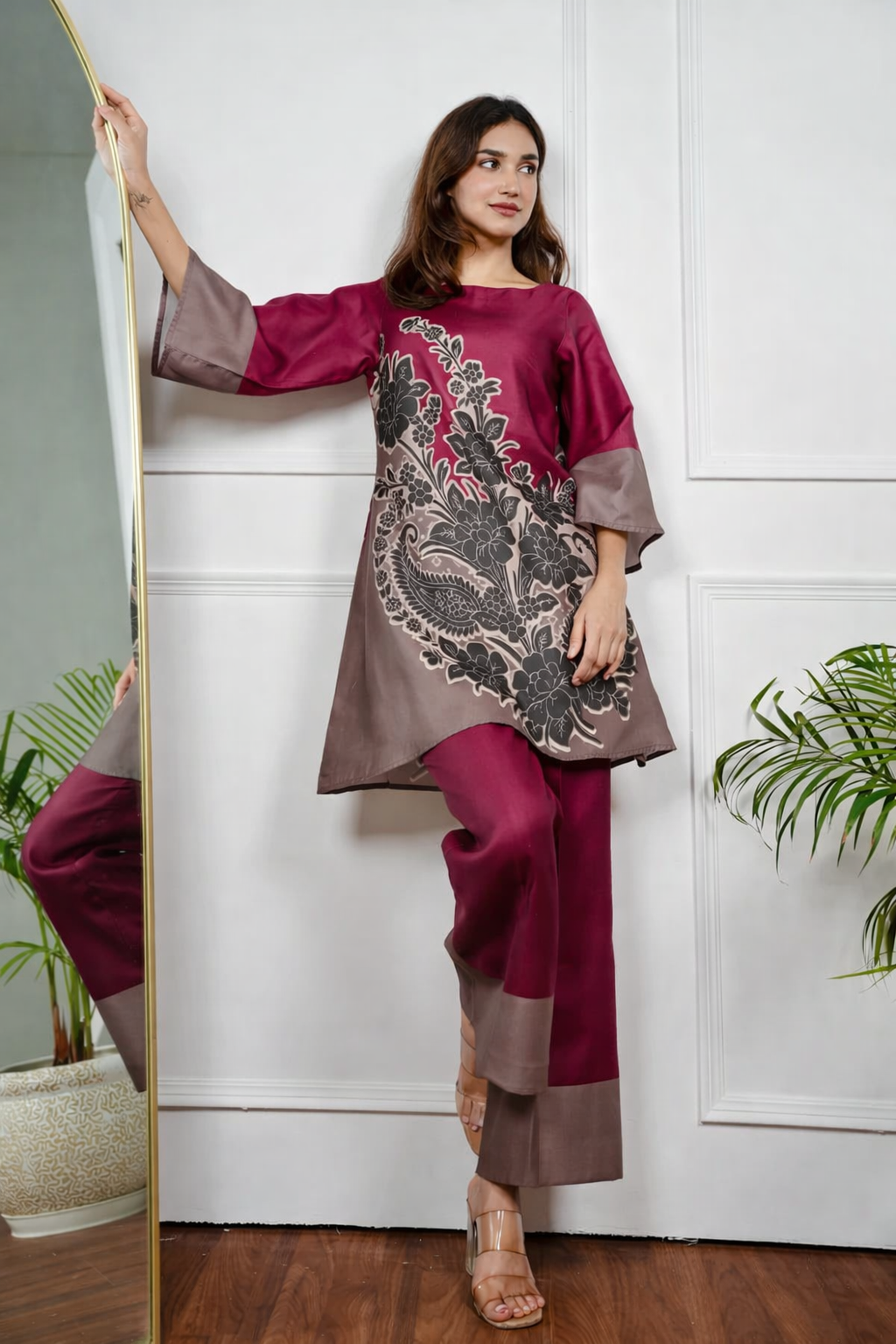 Maroon -Taupe Color,Block Kurta Pant Set with Wide Bell Sleeves
