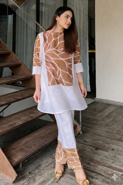 Brown Botanical Cotton Cord-Set with Flower Digital Print