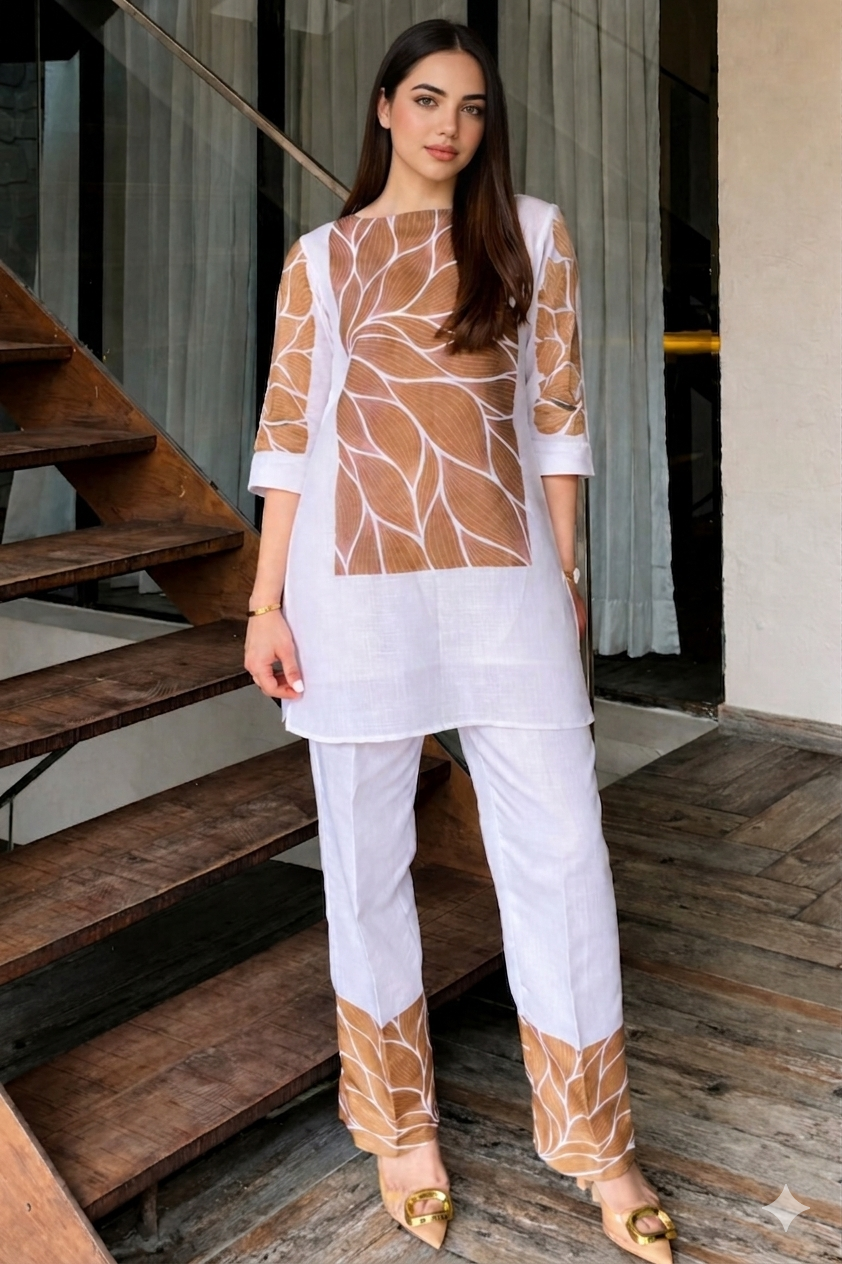 Brown Botanical Cotton Cord-Set with Flower Digital Print