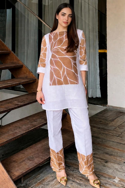 Brown Botanical Cotton Cord-Set with Flower Digital Print