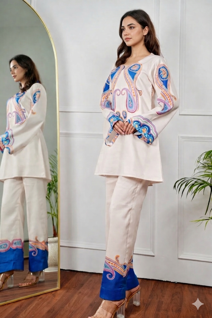 Paisley Royal Blue Cotton Cord-Set with Flower Digital Print