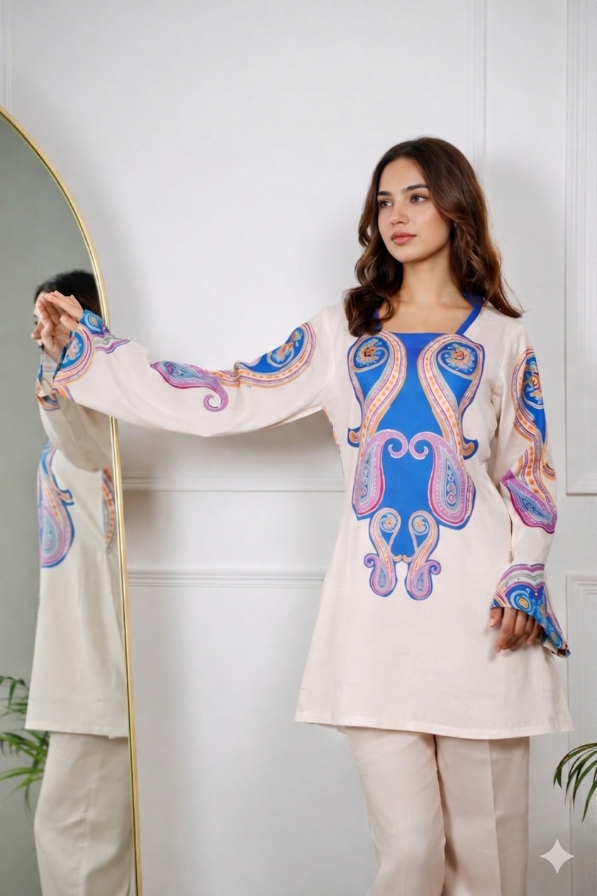 Paisley Royal Blue Cotton Cord-Set with Flower Digital Print