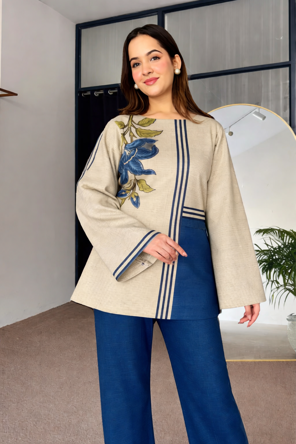 Abstract Floral Fusion Print Kurta with Wide-Leg Bottom