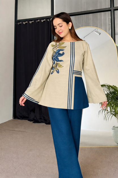 Abstract Floral Fusion Print Kurta with Wide-Leg Bottom
