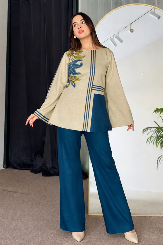 Abstract Floral Fusion Print Kurta with Wide-Leg Bottom