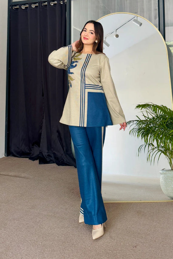 Abstract Floral Fusion Print Kurta with Wide-Leg Bottom