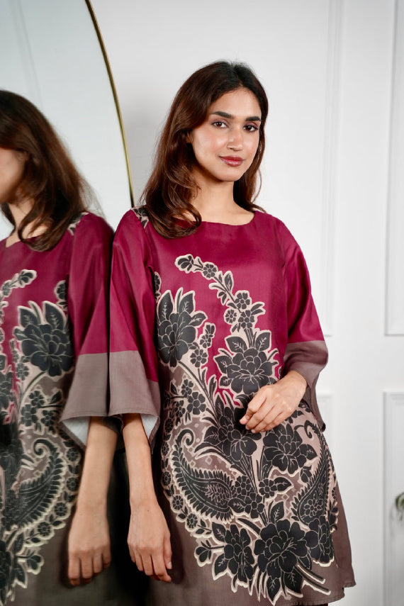 Maroon -Taupe Color,Block Kurta Pant Set with Wide Bell Sleeves