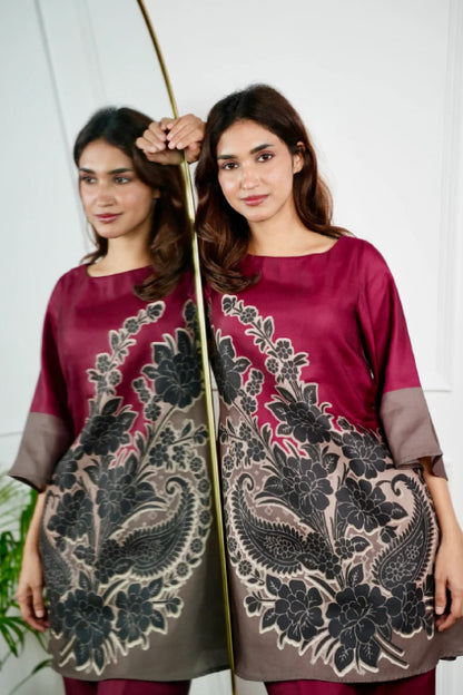 Maroon -Taupe Color,Block Kurta Pant Set with Wide Bell Sleeves