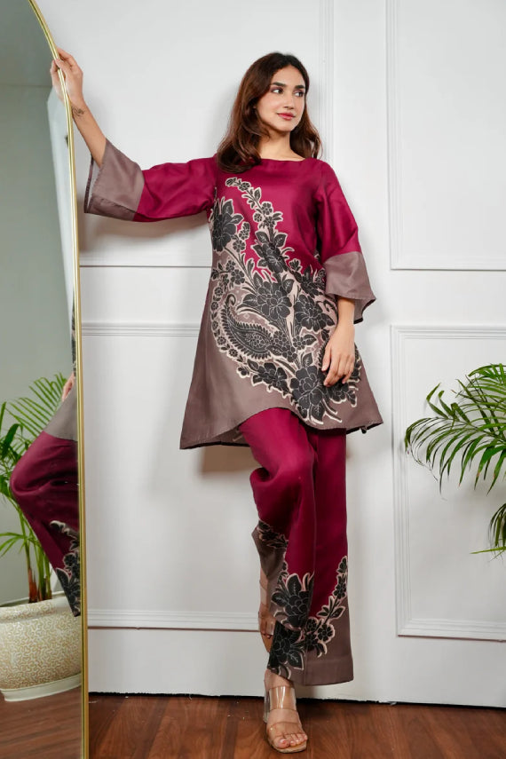 Maroon -Taupe Color,Block Kurta Pant Set with Wide Bell Sleeves
