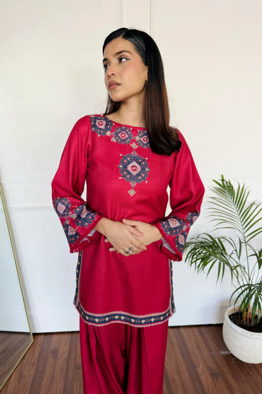 Raspberry Pink Cotton Kurti Set – Embroidered Boat Neck Tunic with Wide Leg Ethnic Pants