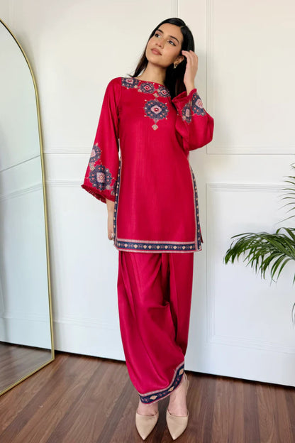 Raspberry Pink Cotton Kurti Set – Embroidered Boat Neck Tunic with Wide Leg Ethnic Pants