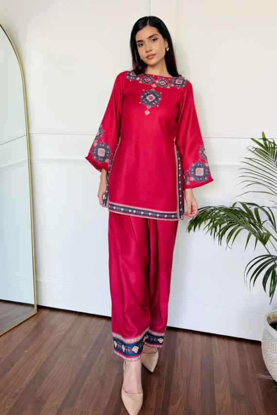 Raspberry Pink Cotton Kurti Set – Embroidered Boat Neck Tunic with Wide Leg Ethnic Pants