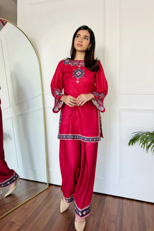 Raspberry Pink Cotton Kurti Set – Embroidered Boat Neck Tunic with Wide Leg Ethnic Pants