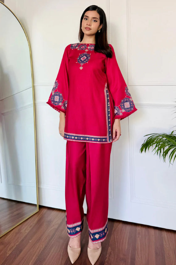 Raspberry Pink Cotton Kurti Set – Embroidered Boat Neck Tunic with Wide Leg Ethnic Pants