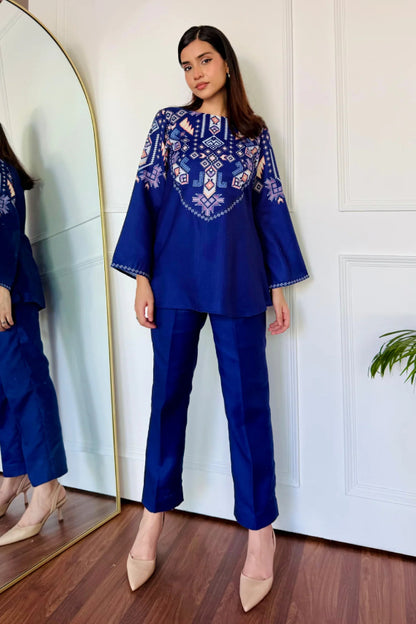 Royal Blue Silk Peplum Kurta and Straight Pant Set with Geometric Digital Print
