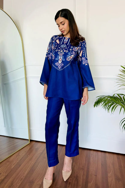Royal Blue Silk Peplum Kurta and Straight Pant Set with Geometric Digital Print