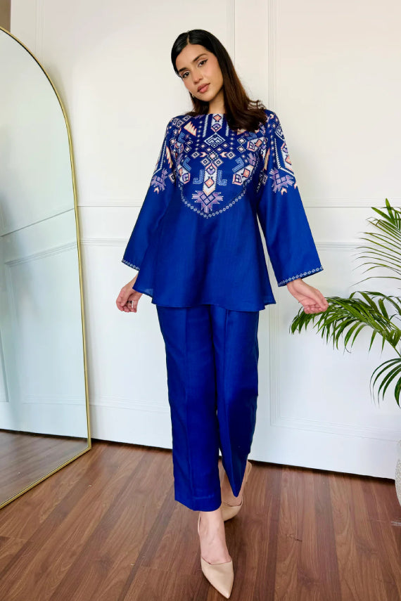 Royal Blue Silk Peplum Kurta and Straight Pant Set with Geometric Digital Print
