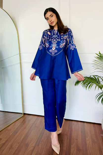 Royal Blue Silk Peplum Kurta and Straight Pant Set with Geometric Digital Print
