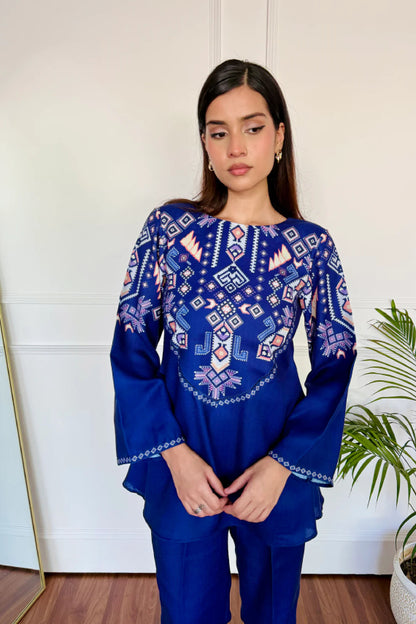 Royal Blue Silk Peplum Kurta and Straight Pant Set with Geometric Digital Print