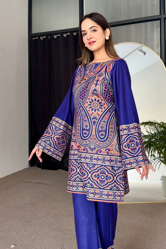 Royal Blue Silk Kurta Pant Set with Paisley Digital Print and Flared Sleeves