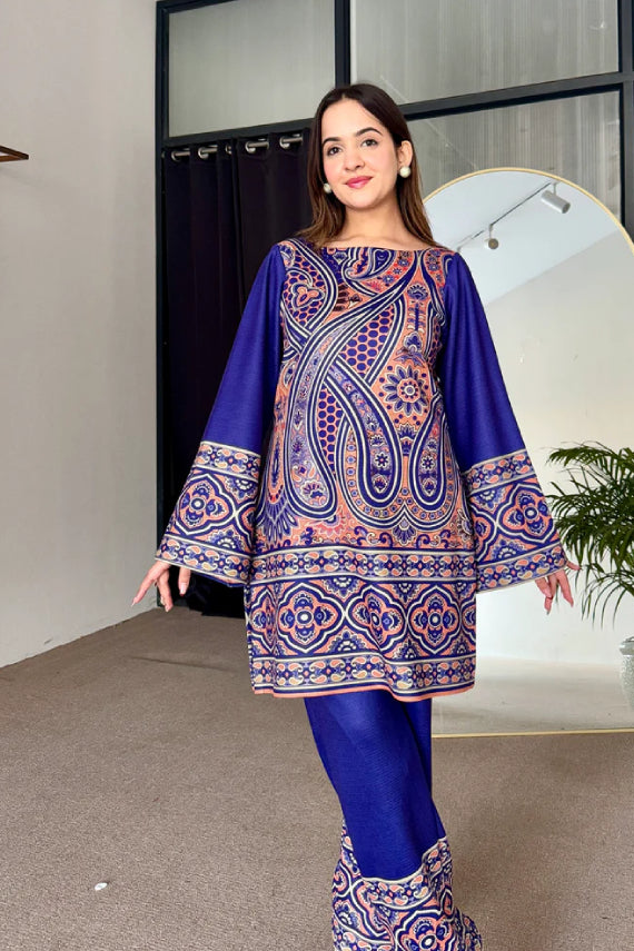 Royal Blue Silk Kurta Pant Set with Paisley Digital Print and Flared Sleeves