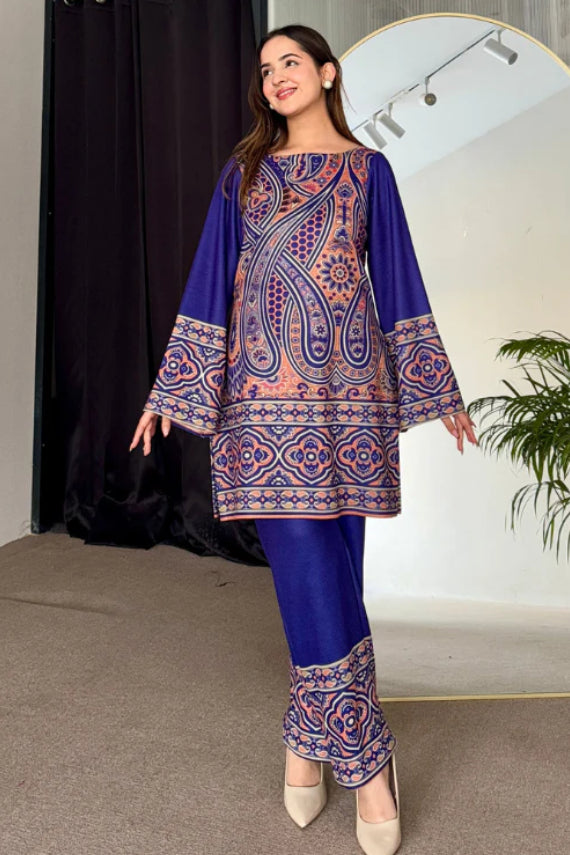 Royal Blue Silk Kurta Pant Set with Paisley Digital Print and Flared Sleeves