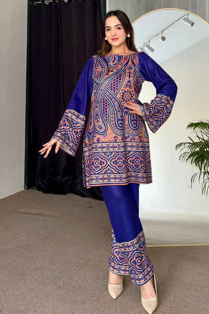 Royal Blue Silk Kurta Pant Set with Paisley Digital Print and Flared Sleeves