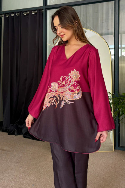 Maroon and Deep Brown Ombre Printed Cotton  Kurta Set with Floral Paisley Motif and Bell Sleeves