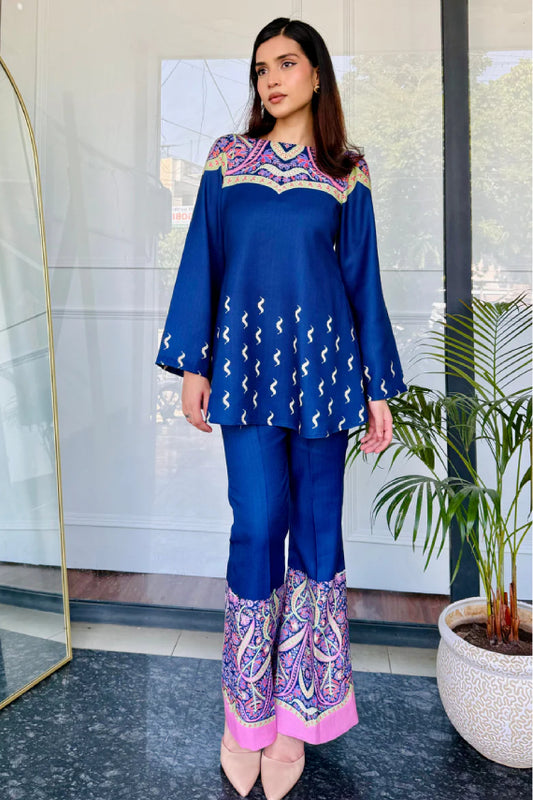 Designer Blue Printed Cotton Kurta Pant Set