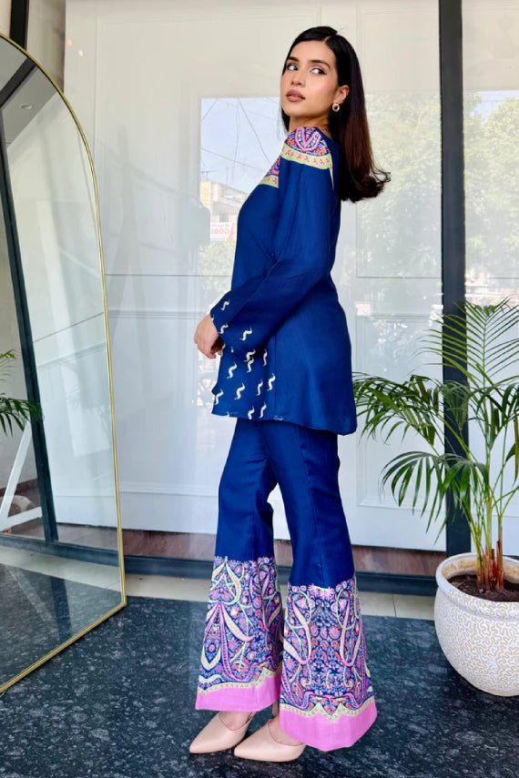 Designer Blue Printed Cotton Kurta Pant Set