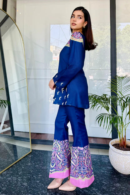 Designer Blue Printed Cotton Kurta Pant Set