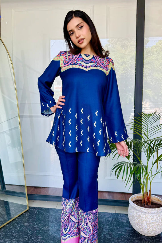 Designer Blue Printed Cotton Kurta Pant Set