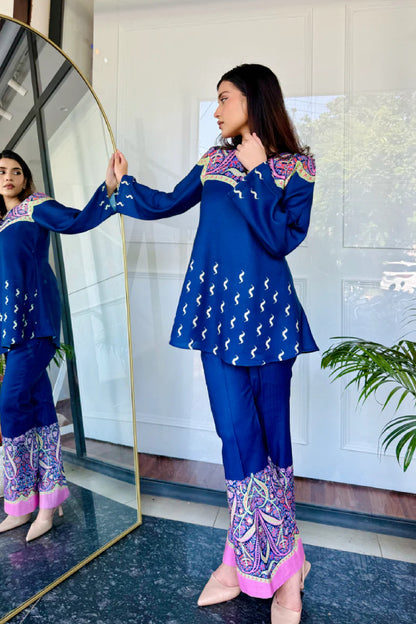 Designer Blue Printed Cotton Kurta Pant Set