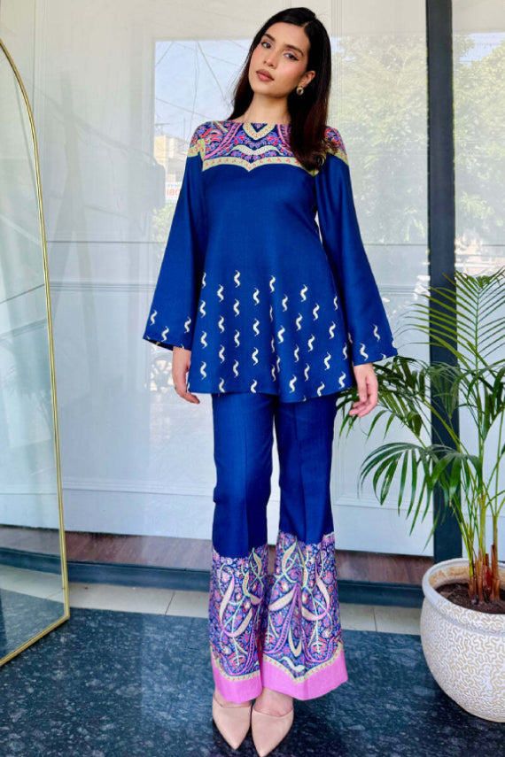 Designer Blue Printed Cotton Kurta Pant Set