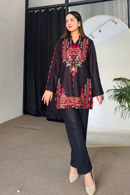 Black Cotton Kurti Set, Hot Pink and Orange Geometric Print with Bell Sleeves