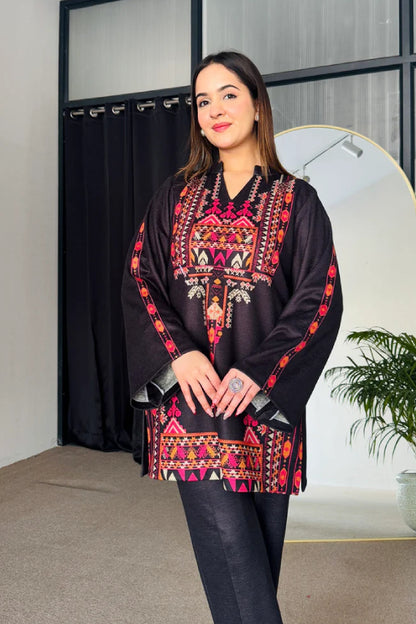 Black Cotton Kurti Set, Hot Pink and Orange Geometric Print with Bell Sleeves