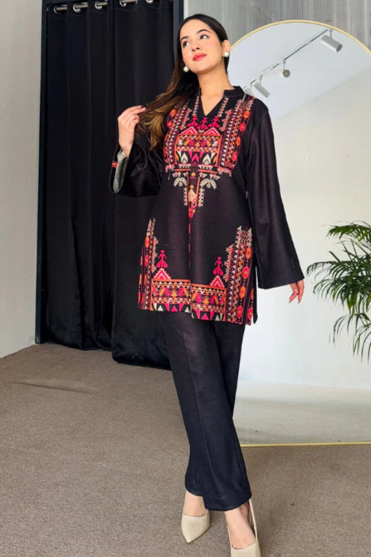 Black Cotton Kurti Set, Hot Pink and Orange Geometric Print with Bell Sleeves