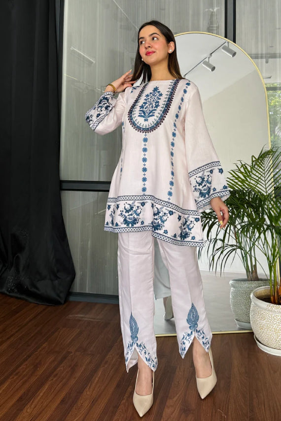 Ivory Blue Hand-Block Inspired Cotton Kurta Pant Set