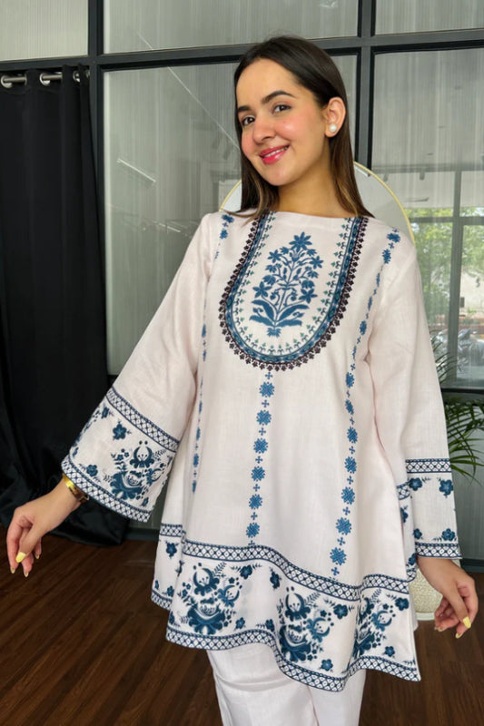 Ivory Blue Hand-Block Inspired Cotton Kurta Pant Set