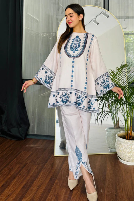 Ivory Blue Hand-Block Inspired Cotton Kurta Pant Set
