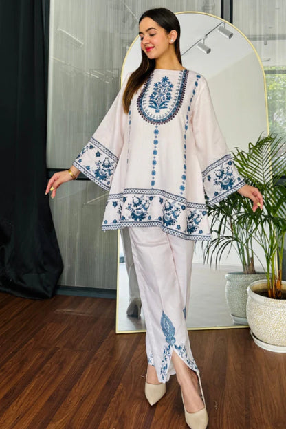 Ivory Blue Hand-Block Inspired Cotton Kurta Pant Set
