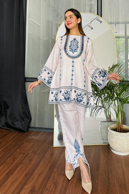 Ivory Blue Hand-Block Inspired Cotton Kurta Pant Set
